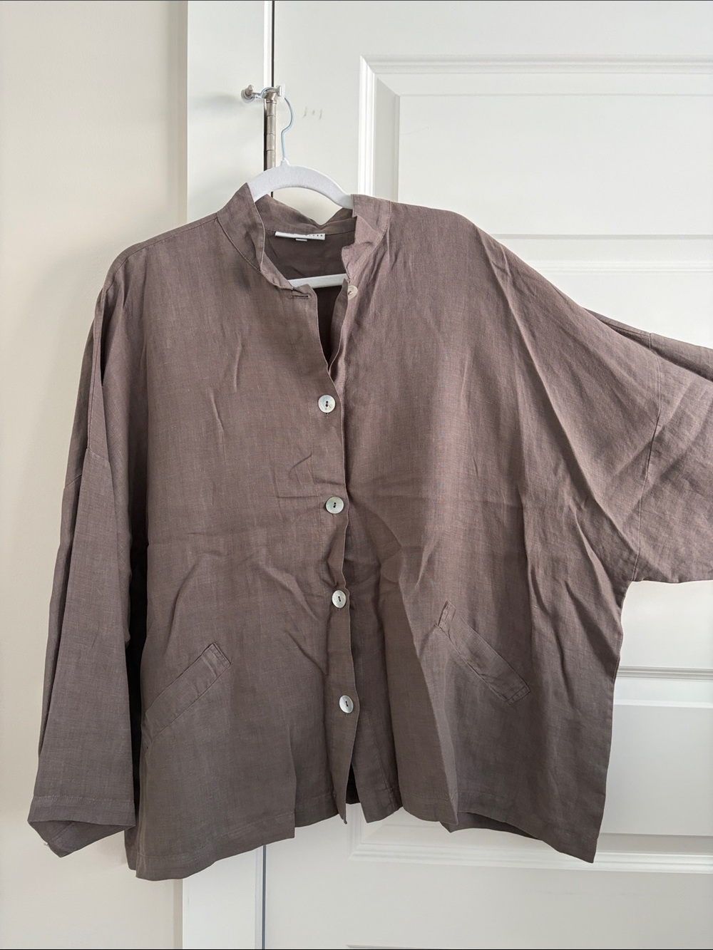 Bryn Walker XL Relaxed Button-Front Linen Top in Taupe